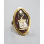 A George III yellow metal and three colour enamel navette shaped mourning ring, with Ducal coronet