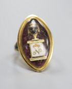 A George III yellow metal and three colour enamel navette shaped mourning ring, with Ducal coronet
