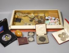 A mixed quantity of collectables including assorted coin, pin dollies, etc.