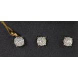 An illusion-set diamond pendant on 9ct gold fine chain and a matching pair of earrings,gross weight