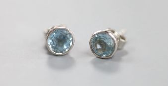 A cased modern pair of Theo Fennell 18ct white gold and blue topaz set ear studs,stone diameter