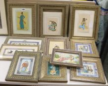 Eleven Persian hand-painted miniatures in decorative Khatam frames