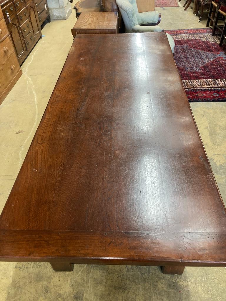 An 18th century style oak refectory dining table, length 228cm, depth 91cm, height 76cm - Image 2 of 3