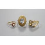 A modern 750 yellow metal and diamond chip set dress ring, size O, gross 6.6 grams and two other