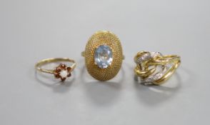 A modern 750 yellow metal and diamond chip set dress ring, size O, gross 6.6 grams and two other