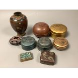 Five Chinese lacquer boxes, a Japanese cloisonne vase, mixed metal box and other items