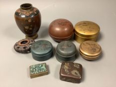 Five Chinese lacquer boxes, a Japanese cloisonne vase, mixed metal box and other items