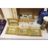 Assorted porcelain boxes and four small prints