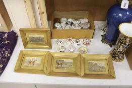 Assorted porcelain boxes and four small prints