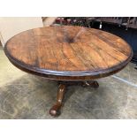 A Victorian circular rosewood tilt top breakfast table, diameter 126cm, height 76cm