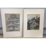 Early 19th century English School, two pencil drawings, Figures beside a cottage and Study of an