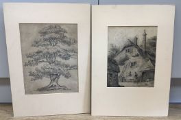 Early 19th century English School, two pencil drawings, Figures beside a cottage and Study of an