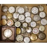 A collection of assorted mainly white metal an base metal pocket watches including silver J.W.