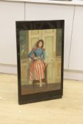 A black glass panel painted with a girl, overall height 78cm width 45cm