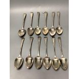 Twelve assorted George III silver Old English pattern tablespoons, including a set of five by Peter