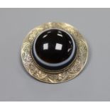 An engraved gilt white metal and banded agate set circular brooch,41mm.