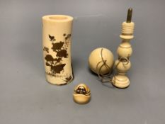 A Japanese gilt lacquered ivory vase, 11.2cm high, a 19th century ivory cup and ball game and an