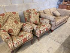 A Victorian style two seater sofa and a pair of armchairs, sofa length 178cm, depth 90cm, height