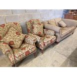 A Victorian style two seater sofa and a pair of armchairs, sofa length 178cm, depth 90cm, height