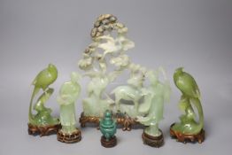 including a pale green hardstone carving of a deer amongst birds and foliage, a pair of similar