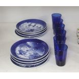 A set of six Bristol blue glass tumblers and eight Royal Copenhagen Christmas plates