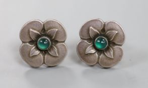 A pair of Georg Jensen sterling and chrysoprase set flower head ear clips, design no. 190A,