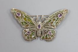 A 20th century 925 white metal, amethyst, marcasite and plique a jour set butterfly brooch,79mm,