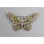 A 20th century 925 white metal, amethyst, marcasite and plique a jour set butterfly brooch,79mm,