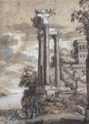 After Claude Lorain, watercolour, Figures beside classical ruins, old collection labels verso, 32 x