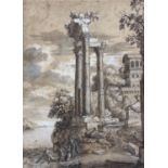 After Claude Lorain, watercolour, Figures beside classical ruins, old collection labels verso, 32 x