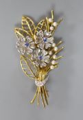 A modern two colour 14ct gold, sapphire, diamond and seed pearl set floral spray brooch, by Cropp &