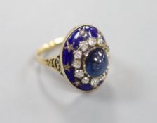 A 19th century French yellow metal (18ct poincon mark), cabochon sapphire, rose and old cut diamond