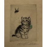 Meta Gluckbaum, etching, Kitten and bee, signed in pencil, 7 x 5.5cm