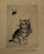 Meta Gluckbaum, etching, Kitten and bee, signed in pencil, 7 x 5.5cm