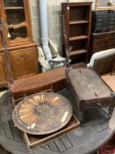 A Victorian butler's tray, 55cm and three incomplete items of furniture comprising a canterbury