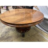 An early Victorian rosewood circular breakfast table, diameter 136cm, height 74cmDiameter 52in