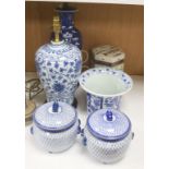 Two Chinese porcelain blue and white lamps, a similar jardinière, two bowls and covers and a