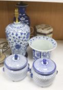 Two Chinese porcelain blue and white lamps, a similar jardinière, two bowls and covers and a