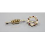 A French yellow metal (18ct poincon mark), seed pearl and ruby set openwork circular brooch, 22mm