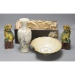 A pair of Chinese lion-dogs dogs, porcelain bowl and a vase, tallest 24cm