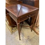 An Edwardian satinwood banded mahogany envelope card table, width 52cm depth 52cm height 77cm