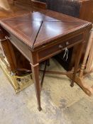 An Edwardian satinwood banded mahogany envelope card table, width 52cm depth 52cm height 77cm