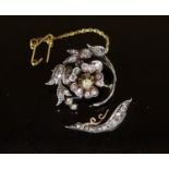 A 19th century gold, silver and rose cut diamond set foliate scroll brooch (a.f.),with detached