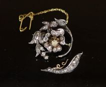 A 19th century gold, silver and rose cut diamond set foliate scroll brooch (a.f.),with detached