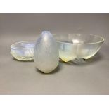 A Sabino opalescent glass bowl, a similar vase and a French opalescent glass box base