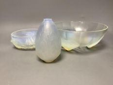 A Sabino opalescent glass bowl, a similar vase and a French opalescent glass box base