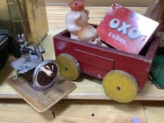 A vintage wooden truck, dolls, a children's sewing machine and other toys etc
