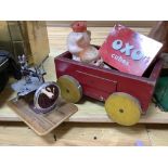A vintage wooden truck, dolls, a children's sewing machine and other toys etc