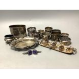 Small silver including nine napkin rings, hip flask cup, miniature tea set, dish etc.