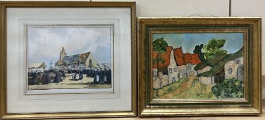 After Van Gogh, oil on canvas, Village scene, initialled JRG, 23 x 32cm and an H.Barnoin,